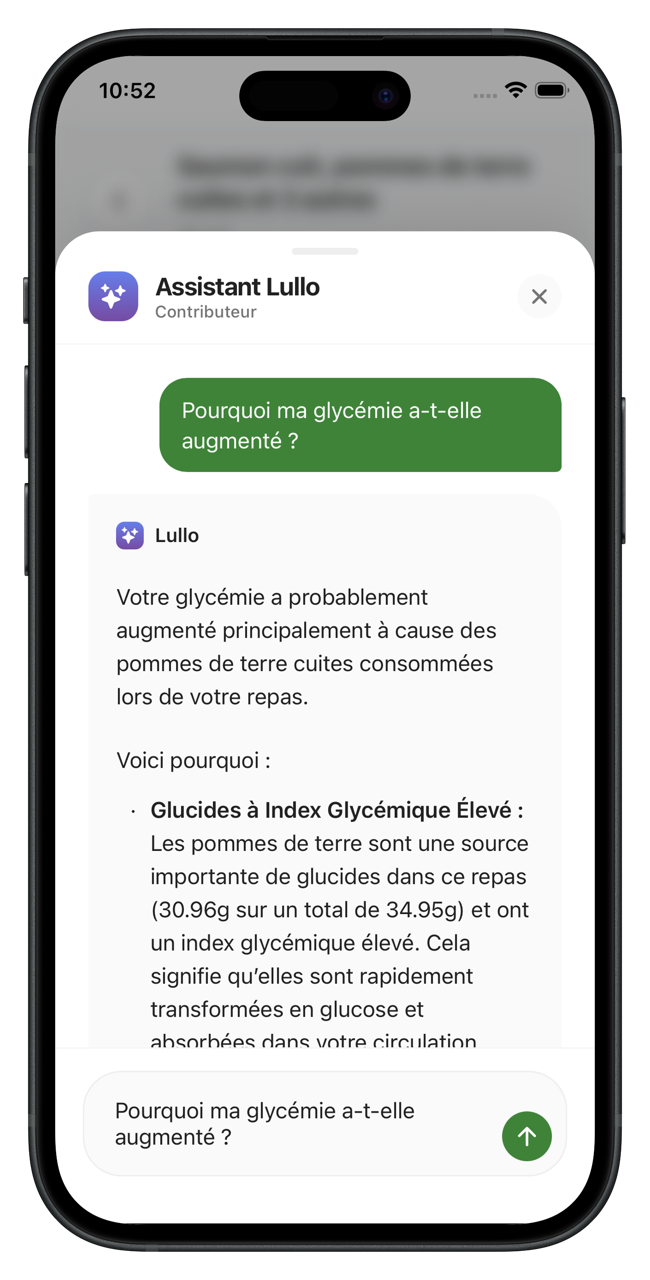Assistant IA Lullo donnant des conseils personnalisés sur la gestion du diabète